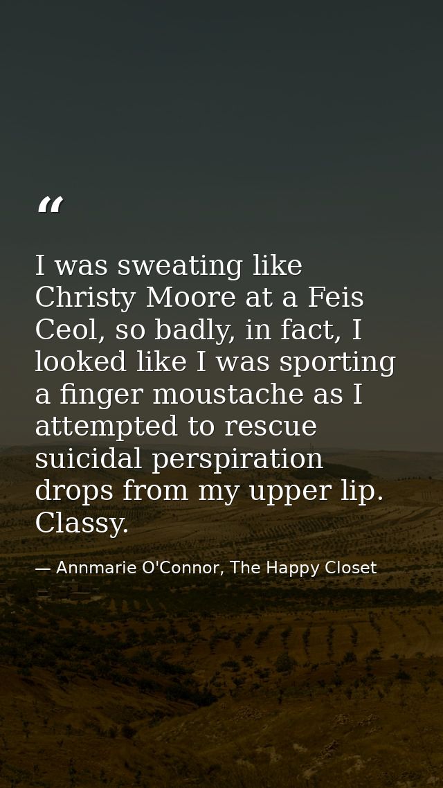 I was sweating like Christy Moore at a Feis Ceol, so badly, in fact, I looked like I was sporting a finger moustache as  — Annmarie O'Connor, The Happy Closet