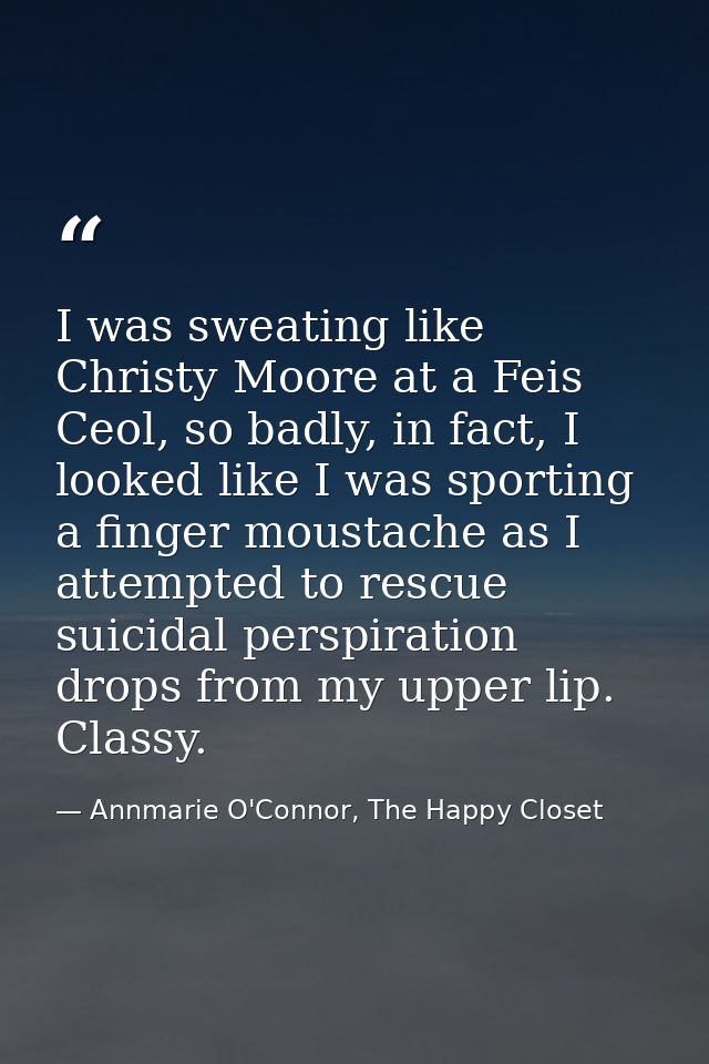 I was sweating like Christy Moore at a Feis Ceol, so badly, in fact, I looked like I was sporting a finger moustache as  — Annmarie O'Connor, The Happy Closet
