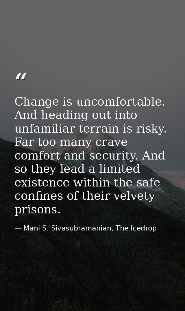 Change is uncomfortable. And heading out into unfamiliar terrain is risky. Far too many crave comfort and security. And  — Mani S. Sivasubramanian, The Icedrop