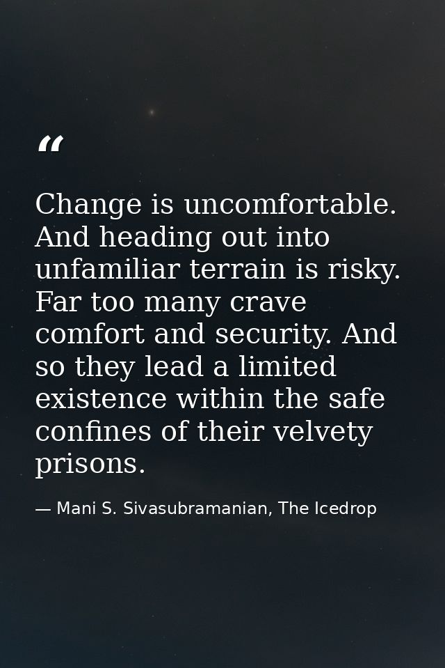 Change is uncomfortable. And heading out into unfamiliar terrain is risky. Far too many crave comfort and security. And  — Mani S. Sivasubramanian, The Icedrop