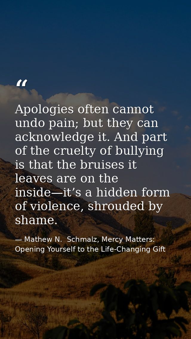Apologies often cannot undo pain; but they can acknowledge it. And part of the cruelty of bullying is that the bruises i — Mathew N.  Schmalz, Mercy Matters: Opening Yourself to the Life-Changing Gift