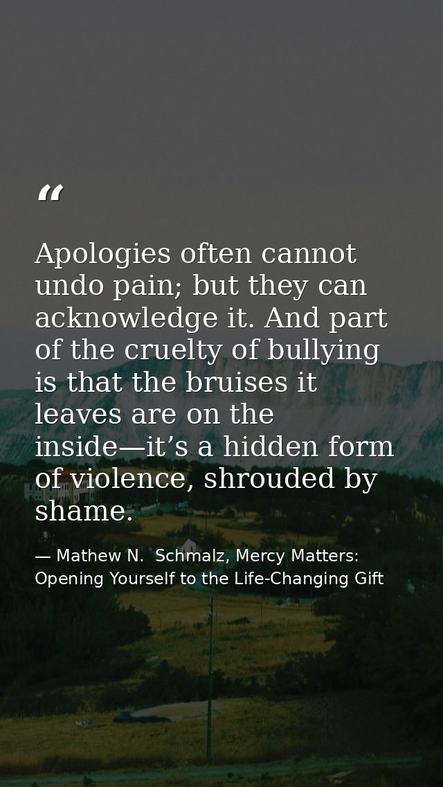 Apologies often cannot undo pain; but they can acknowledge it. And part of the cruelty of bullying is that the bruises i — Mathew N.  Schmalz, Mercy Matters: Opening Yourself to the Life-Changing Gift
