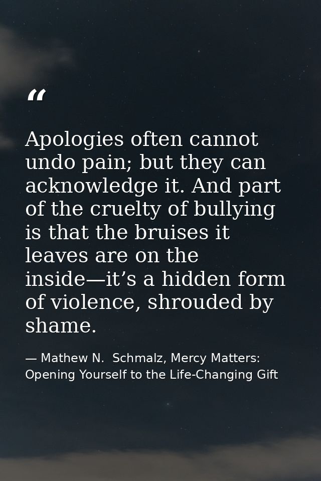Apologies often cannot undo pain; but they can acknowledge it. And part of the cruelty of bullying is that the bruises i — Mathew N.  Schmalz, Mercy Matters: Opening Yourself to the Life-Changing Gift