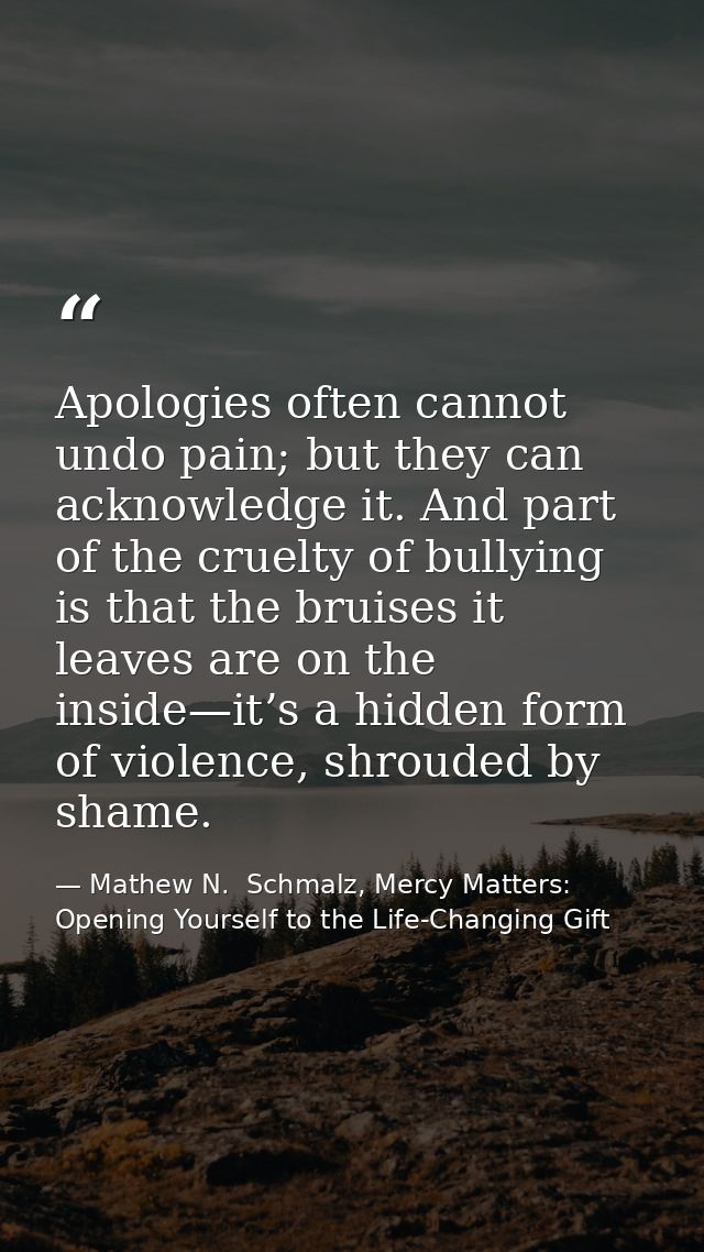 Apologies often cannot undo pain; but they can acknowledge it. And part of the cruelty of bullying is that the bruises i — Mathew N.  Schmalz, Mercy Matters: Opening Yourself to the Life-Changing Gift