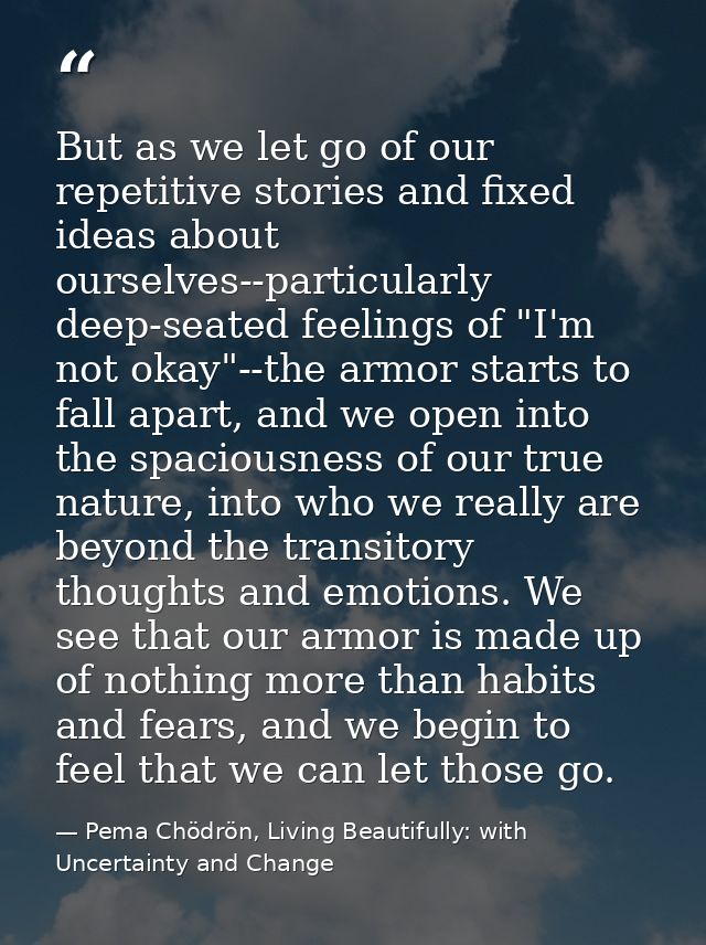 But as we let go of our repetitive stories and fixed ideas about ourselves--particularly deep-seated feelings of "I'm no — Pema Chödrön, Living Beautifully: with Uncertainty and Change