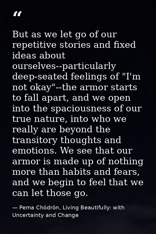 But as we let go of our repetitive stories and fixed ideas about ourselves--particularly deep-seated feelings of "I'm no — Pema Chödrön, Living Beautifully: with Uncertainty and Change