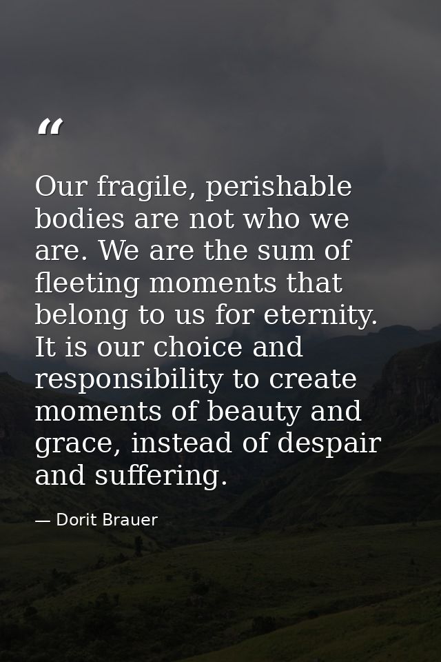 Our fragile, perishable bodies are not who we are. We are the sum of fleeting moments that belong to us for eternity. It — Dorit Brauer