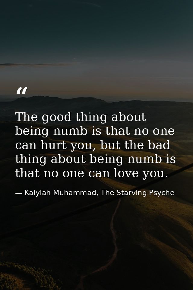 The good thing about being numb is that no one can hurt you, but the bad thing about being numb is that no one can love  — Kaiylah Muhammad, The Starving Psyche