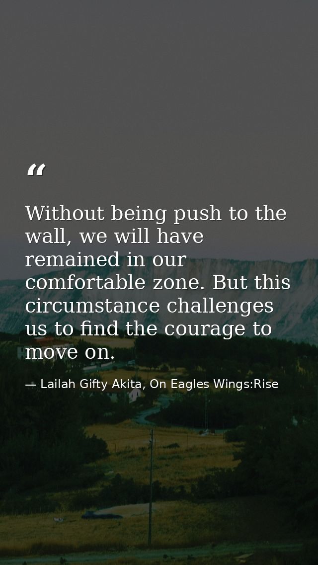 Without being push to the wall, we will have remained in our comfortable zone. But this circumstance challenges us to fi — Lailah Gifty Akita, On Eagles Wings:Rise