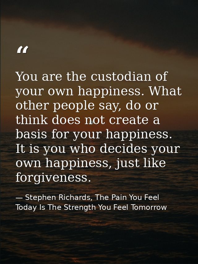 You are the custodian of your own happiness. What other people say, do or think does not create a basis for your happine — Stephen Richards, The Pain You Feel Today Is The Strength You Feel Tomorrow