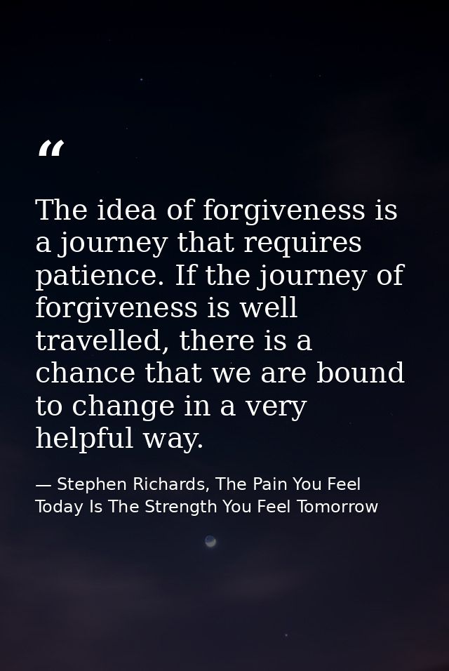 The idea of forgiveness is a journey that requires patience. If the journey of forgiveness is well travelled, there is a — Stephen Richards, The Pain You Feel Today Is The Strength You Feel Tomorrow