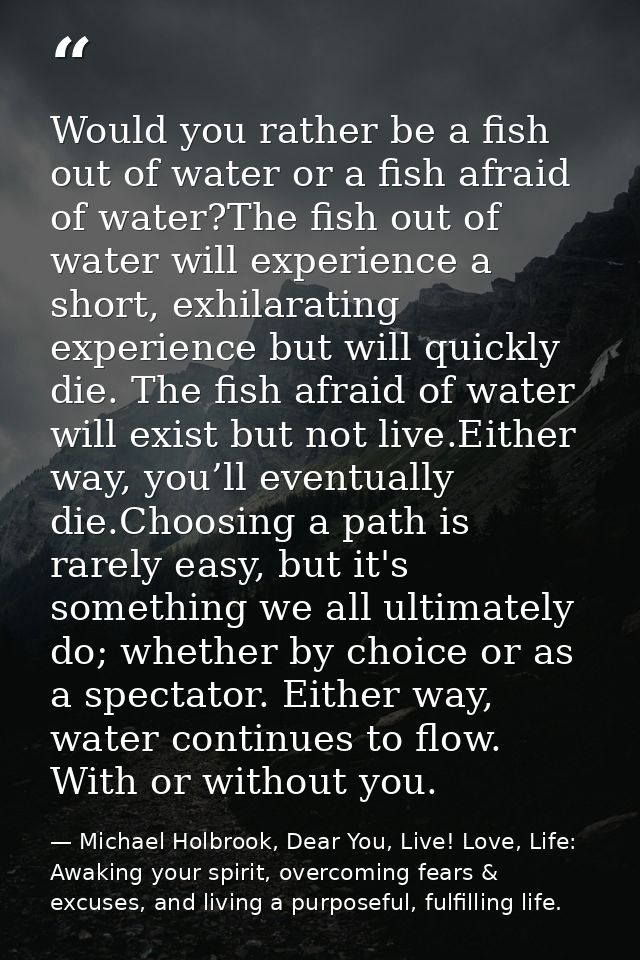 Would you rather be a fish out of water or a fish afraid of water?The fish out of water will experience a short, exhilar — Michael Holbrook, Dear You, Live! Love, Life: Awaking your spirit, overcoming fears & excuses, and living a purposeful, fulfilling life.
