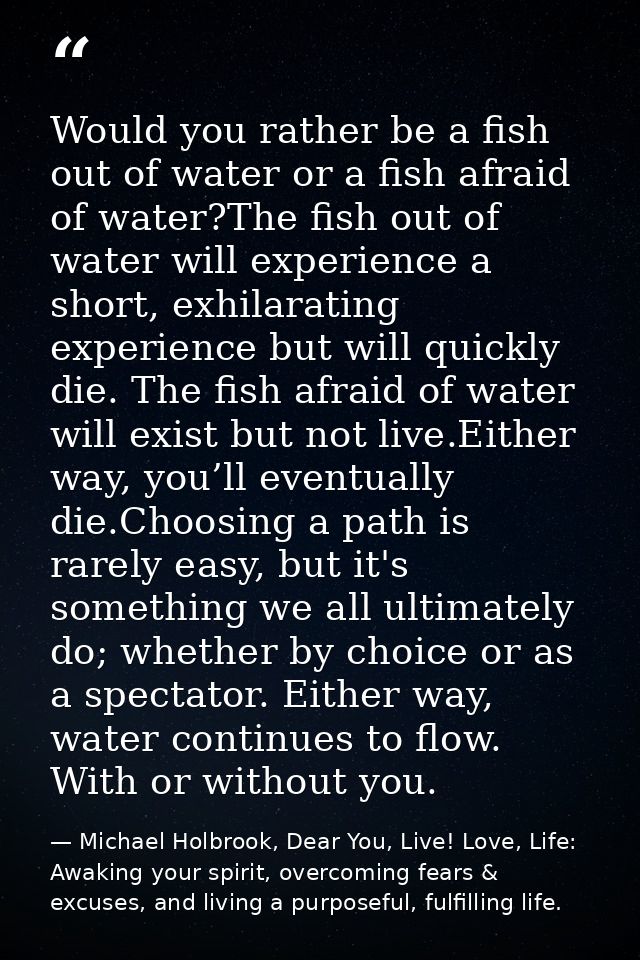 Would you rather be a fish out of water or a fish afraid of water?The fish out of water will experience a short, exhilar — Michael Holbrook, Dear You, Live! Love, Life: Awaking your spirit, overcoming fears & excuses, and living a purposeful, fulfilling life.