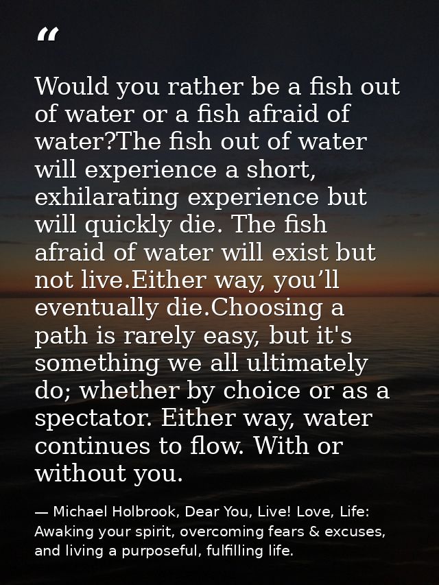 Would you rather be a fish out of water or a fish afraid of water?The fish out of water will experience a short, exhilar — Michael Holbrook, Dear You, Live! Love, Life: Awaking your spirit, overcoming fears & excuses, and living a purposeful, fulfilling life.