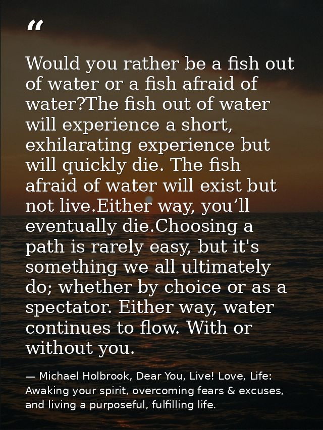 Would you rather be a fish out of water or a fish afraid of water?The fish out of water will experience a short, exhilar — Michael Holbrook, Dear You, Live! Love, Life: Awaking your spirit, overcoming fears & excuses, and living a purposeful, fulfilling life.