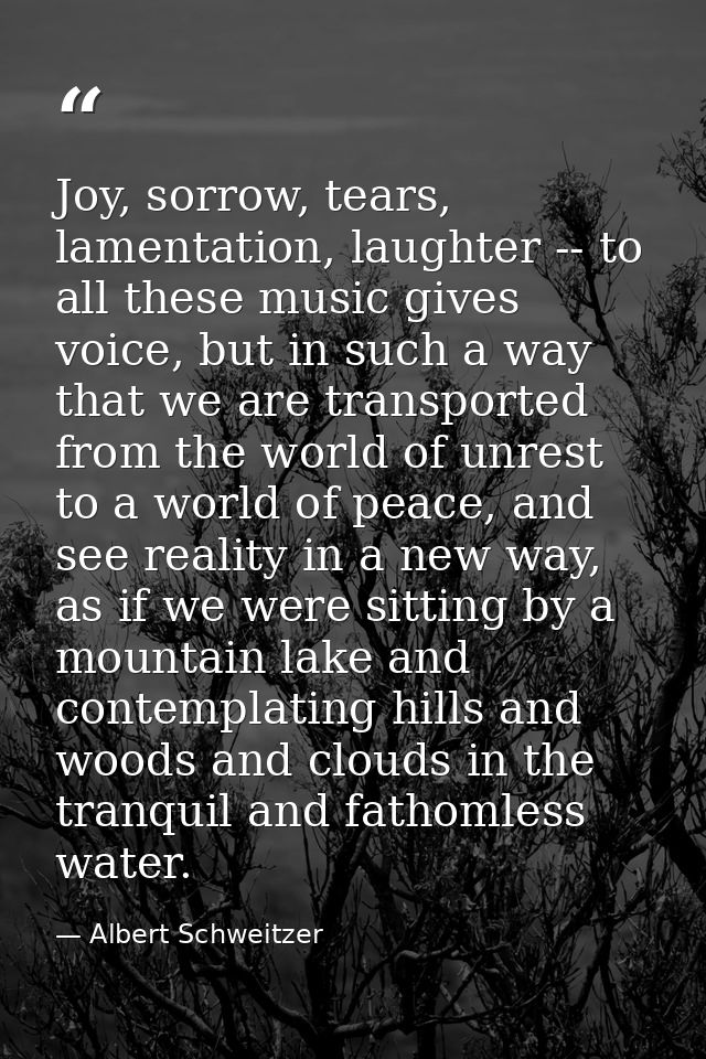 Joy, sorrow, tears, lamentation, laughter -- to all these music gives voice, but in such a way that we are transported f — Albert Schweitzer