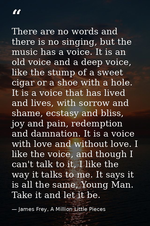There are no words and there is no singing, but the music has a voice. It is an old voice and a deep voice, like the stu — James Frey, A Million Little Pieces