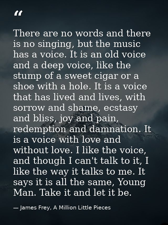 There are no words and there is no singing, but the music has a voice. It is an old voice and a deep voice, like the stu — James Frey, A Million Little Pieces