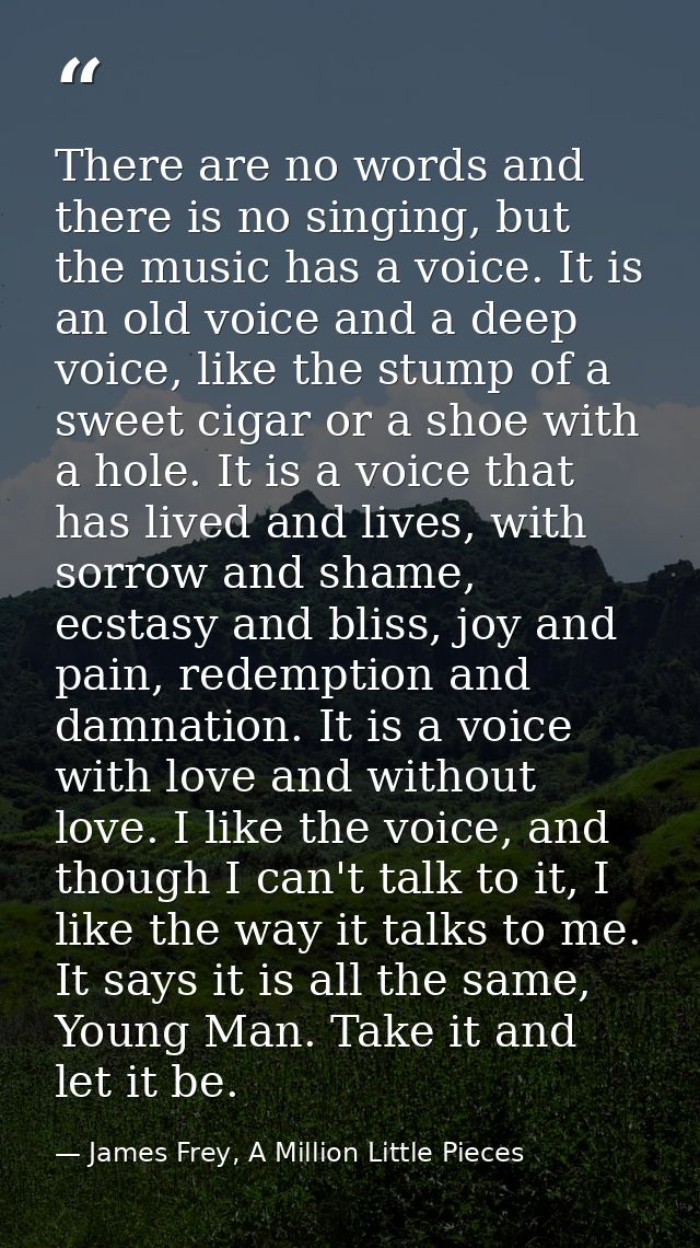There are no words and there is no singing, but the music has a voice. It is an old voice and a deep voice, like the stu — James Frey, A Million Little Pieces