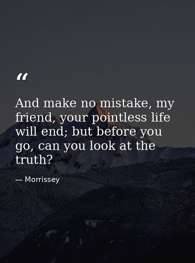 And make no mistake, my friend, your pointless life will end; but before you go, can you look at the truth? — Morrissey