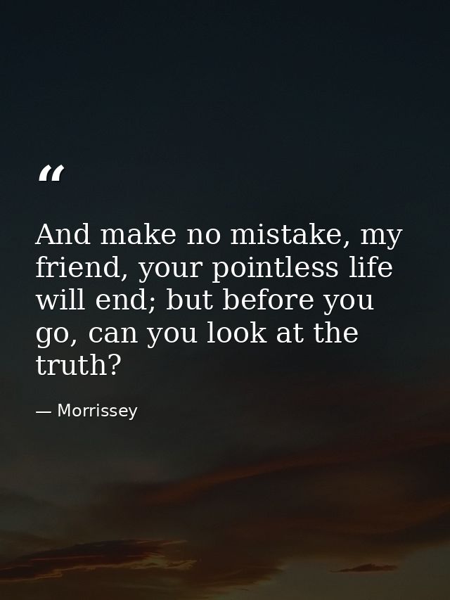 And make no mistake, my friend, your pointless life will end; but before you go, can you look at the truth? — Morrissey
