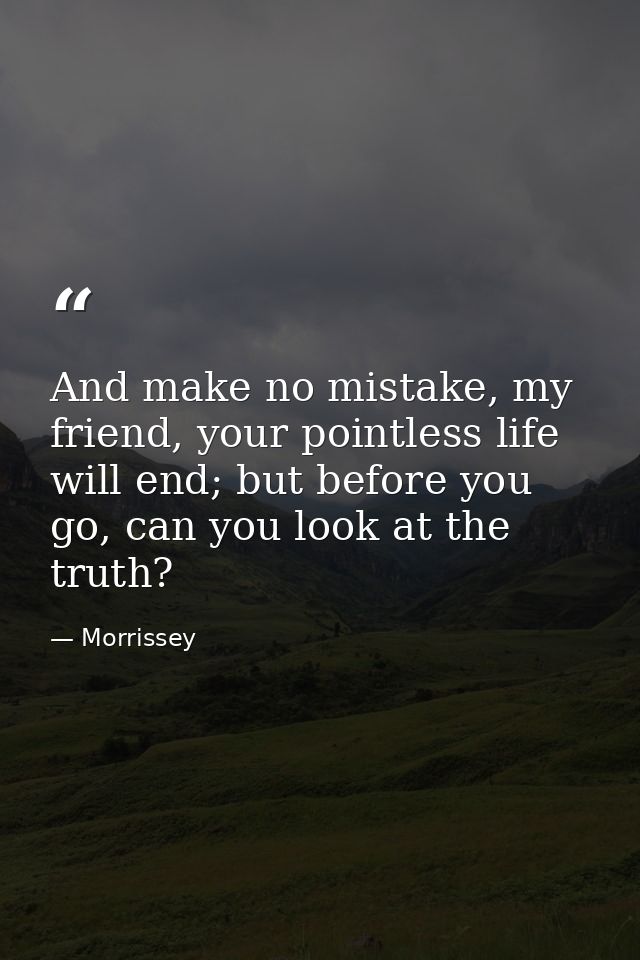 And make no mistake, my friend, your pointless life will end; but before you go, can you look at the truth? — Morrissey