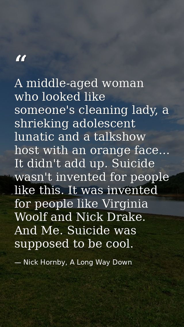 A middle-aged woman who looked like someone's cleaning lady, a shrieking adolescent lunatic and a talkshow host with an  — Nick Hornby, A Long Way Down
