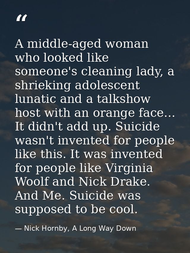 A middle-aged woman who looked like someone's cleaning lady, a shrieking adolescent lunatic and a talkshow host with an  — Nick Hornby, A Long Way Down