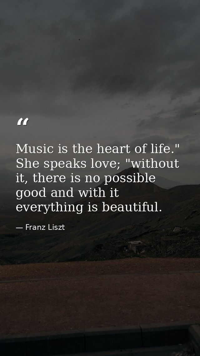 Music is the heart of life." She speaks love; "without it, there is no possible good and with it everything is beautiful — Franz Liszt