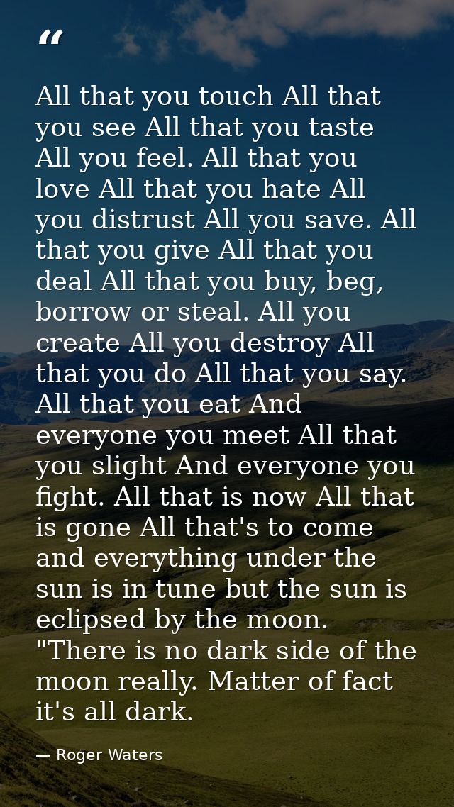 All that you touch All that you see All that you taste All you feel. All that you love All that you hate All you distrus — Roger Waters