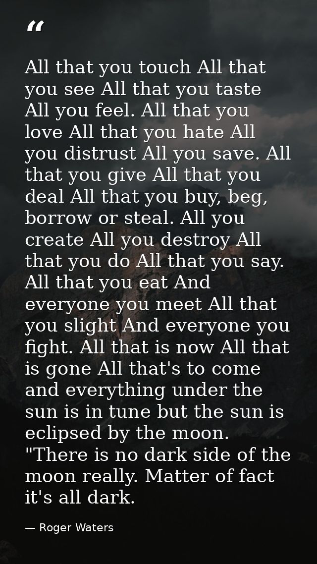 All that you touch All that you see All that you taste All you feel. All that you love All that you hate All you distrus — Roger Waters