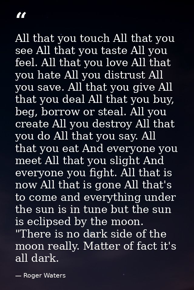 All that you touch All that you see All that you taste All you feel. All that you love All that you hate All you distrus — Roger Waters