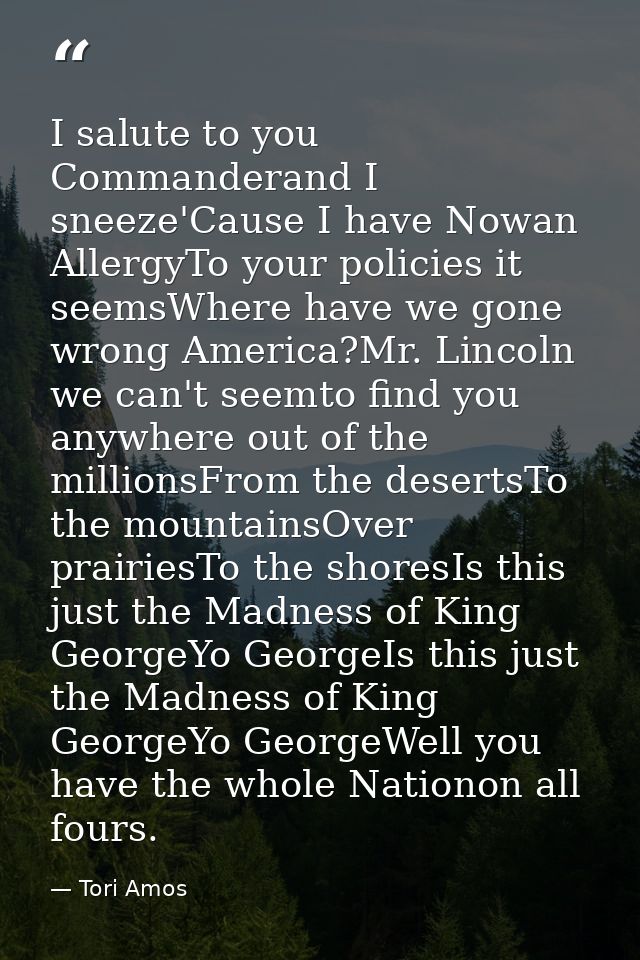 I salute to you Commanderand I sneeze'Cause I have Nowan AllergyTo your policies it seemsWhere have we gone wrong Americ — Tori Amos