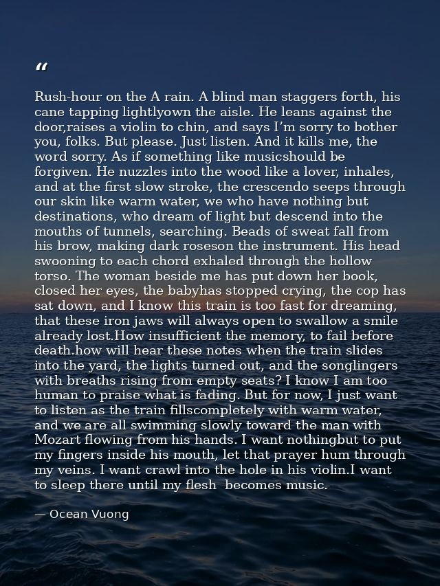 Rush-hour on the A rain. A blind man staggers forth, his cane tapping lightlyown the aisle. He leans against the door,ra — Ocean Vuong