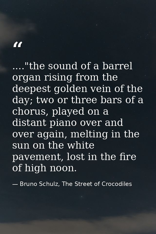 ...."the sound of a barrel organ rising from the deepest golden vein of the day; two or three bars of a chorus, played o — Bruno Schulz, The Street of Crocodiles