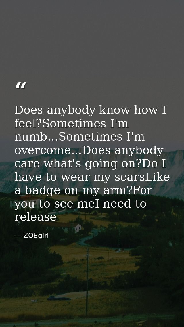 Does anybody know how I feel?Sometimes I'm numb...Sometimes I'm overcome...Does anybody care what's going on?Do I have t — ZOEgirl