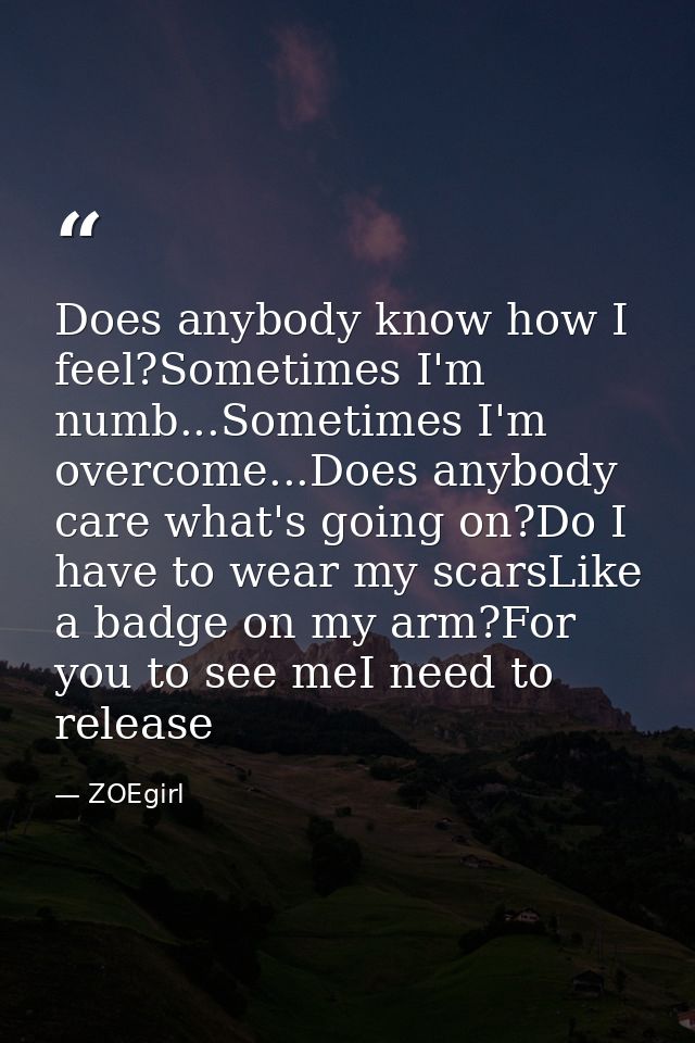 Does anybody know how I feel?Sometimes I'm numb...Sometimes I'm overcome...Does anybody care what's going on?Do I have t — ZOEgirl