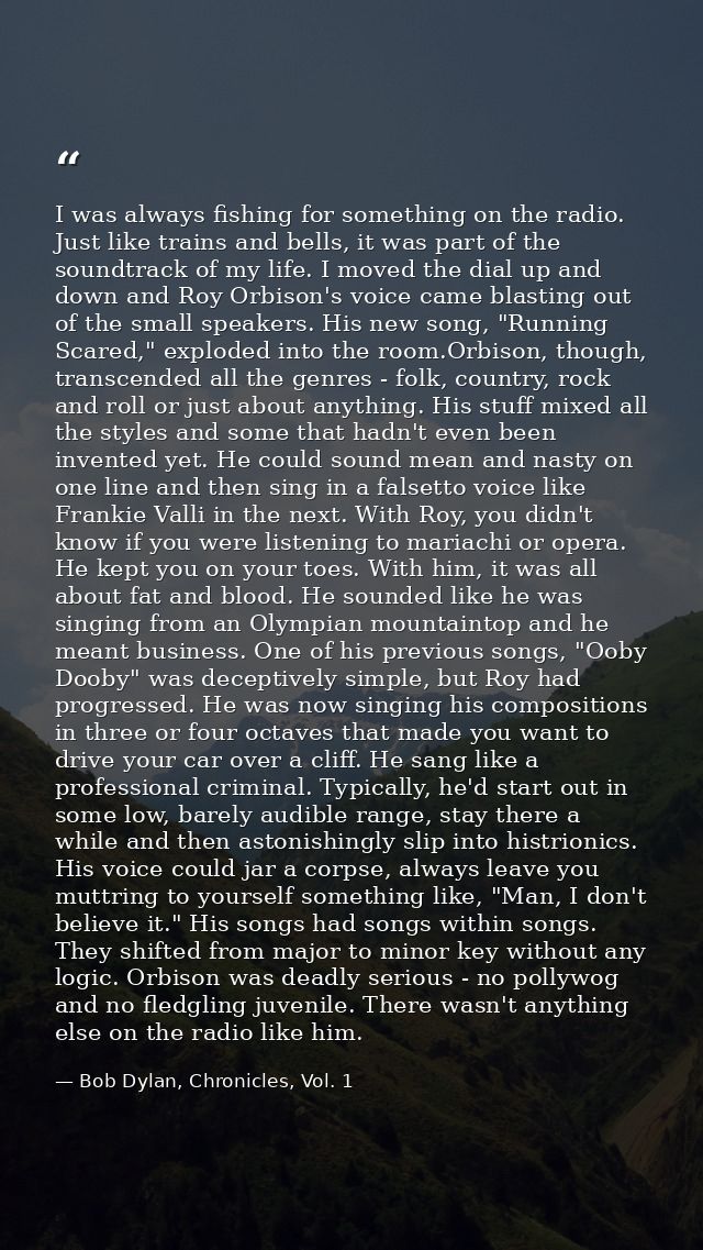 I was always fishing for something on the radio. Just like trains and bells, it was part of the soundtrack of my life. I — Bob Dylan, Chronicles, Vol. 1
