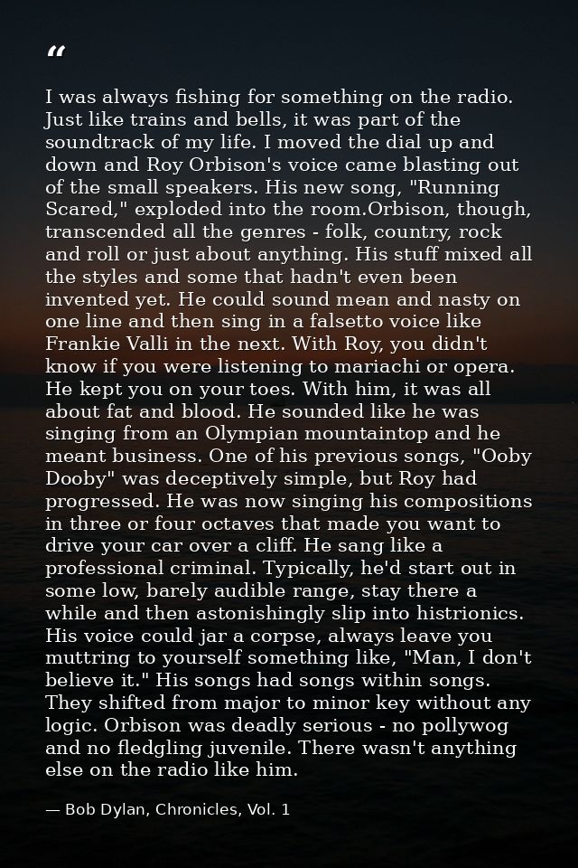 I was always fishing for something on the radio. Just like trains and bells, it was part of the soundtrack of my life. I — Bob Dylan, Chronicles, Vol. 1