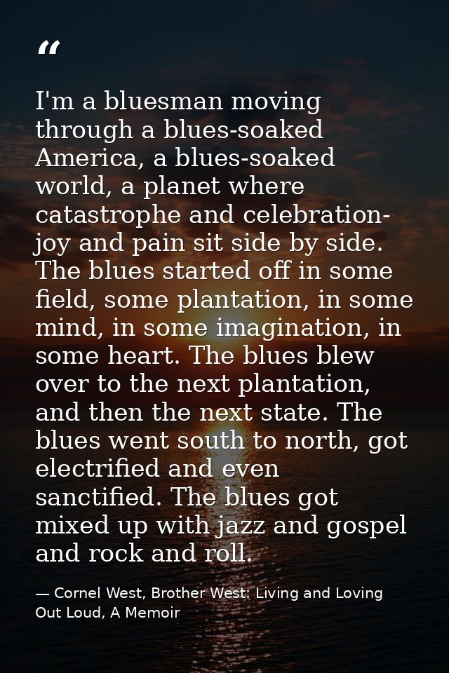 I'm a bluesman moving through a blues-soaked America, a blues-soaked world, a planet where catastrophe and celebration-  — Cornel West, Brother West: Living and Loving Out Loud, A Memoir