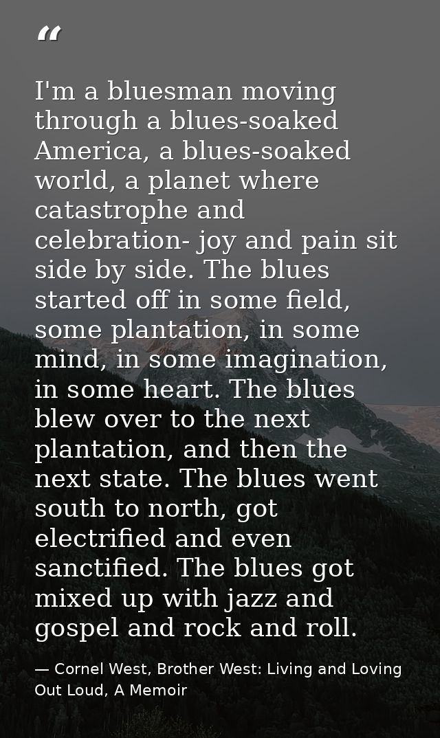 I'm a bluesman moving through a blues-soaked America, a blues-soaked world, a planet where catastrophe and celebration-  — Cornel West, Brother West: Living and Loving Out Loud, A Memoir