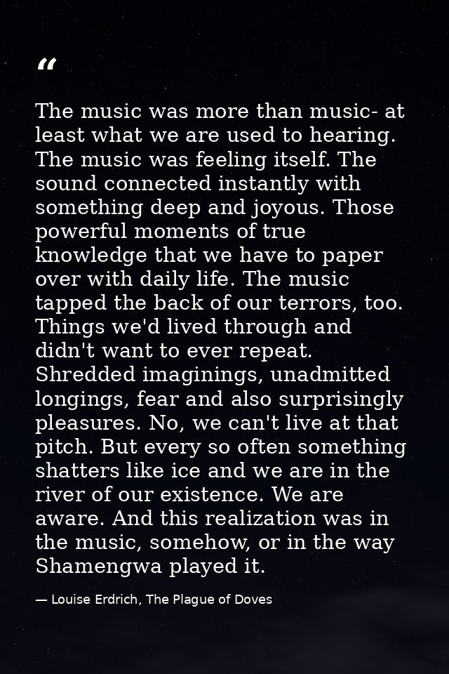 The music was more than music- at least what we are used to hearing. The music was feeling itself. The sound connected i — Louise Erdrich, The Plague of Doves