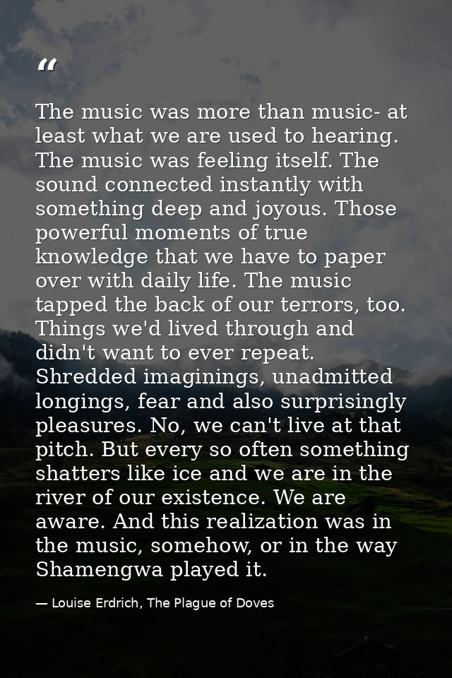 The music was more than music- at least what we are used to hearing. The music was feeling itself. The sound connected i — Louise Erdrich, The Plague of Doves