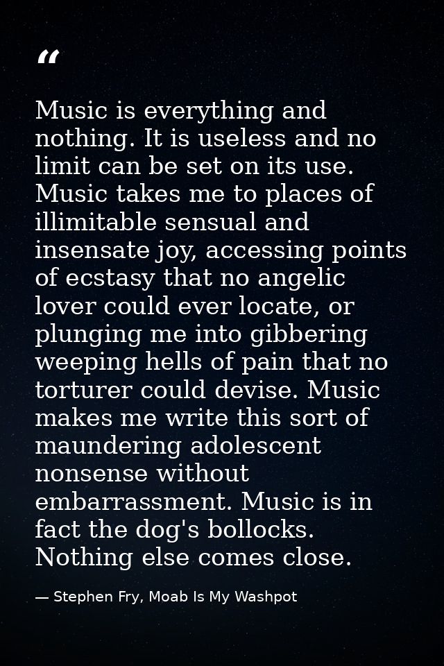 Music is everything and nothing. It is useless and no limit can be set on its use. Music takes me to places of illimitab — Stephen Fry, Moab Is My Washpot