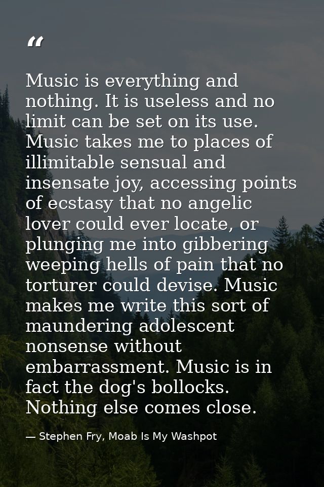 Music is everything and nothing. It is useless and no limit can be set on its use. Music takes me to places of illimitab — Stephen Fry, Moab Is My Washpot