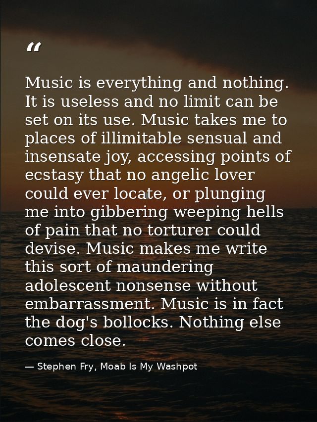 Music is everything and nothing. It is useless and no limit can be set on its use. Music takes me to places of illimitab — Stephen Fry, Moab Is My Washpot