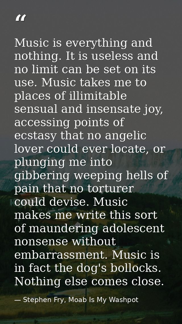 Music is everything and nothing. It is useless and no limit can be set on its use. Music takes me to places of illimitab — Stephen Fry, Moab Is My Washpot