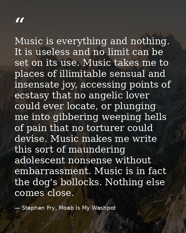 Music is everything and nothing. It is useless and no limit can be set on its use. Music takes me to places of illimitab — Stephen Fry, Moab Is My Washpot