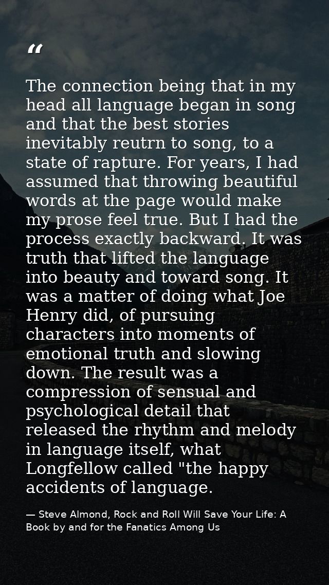 The connection being that in my head all language began in song and that the best stories inevitably reutrn to song, to  — Steve Almond, Rock and Roll Will Save Your Life: A Book by and for the Fanatics Among Us