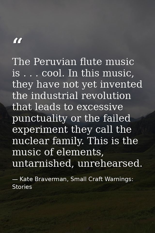 The Peruvian flute music is . . . cool. In this music, they have not yet invented the industrial revolution that leads t — Kate Braverman, Small Craft Warnings: Stories
